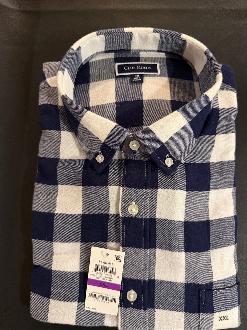 Club Room Navy and White Check Button-Down Flannel Shirt